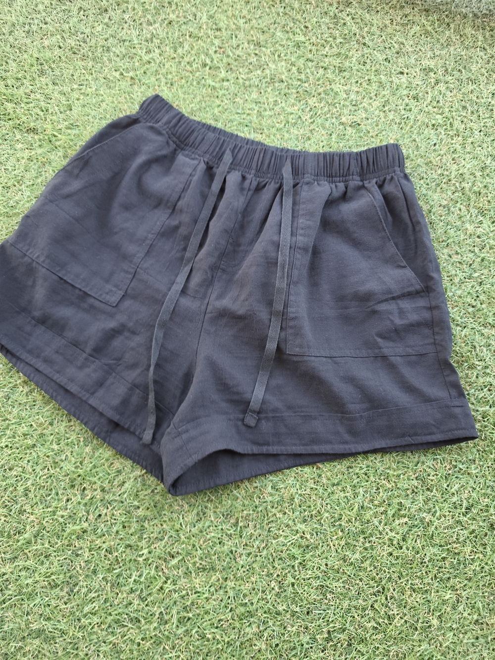 Women's Black Elastic-Waist Athletic Shorts with Drawstring